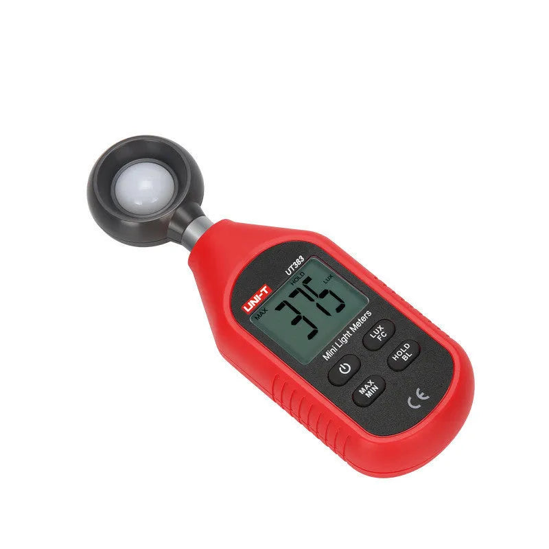 UT383 mini digital lux meter measuring light level with backlit LCD display