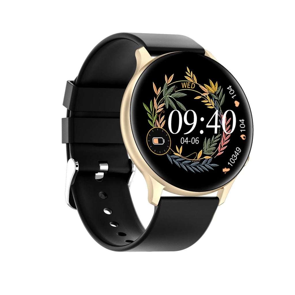 Black smartwatch with silicone strap showing heart rate and call functions on a 1.32-inch screen