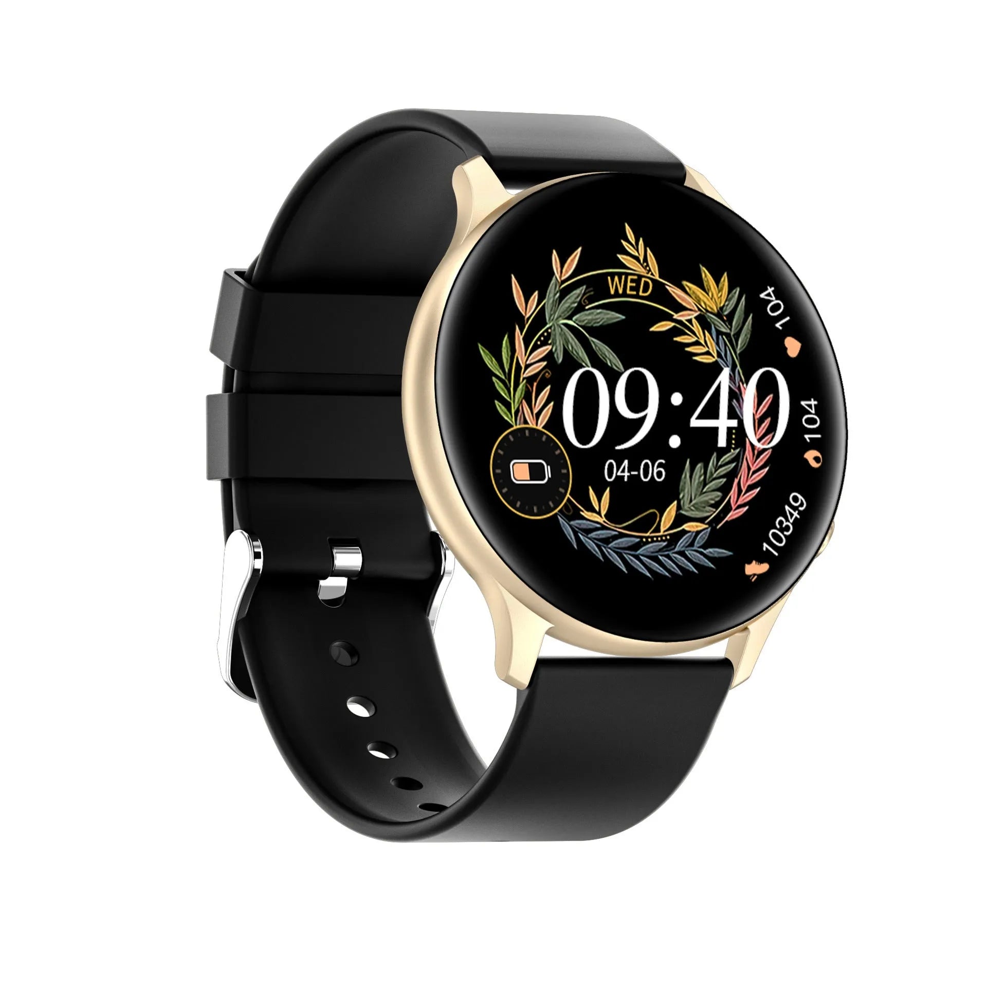 Black smartwatch with silicone strap showing heart rate and call functions on a 1.32-inch screen