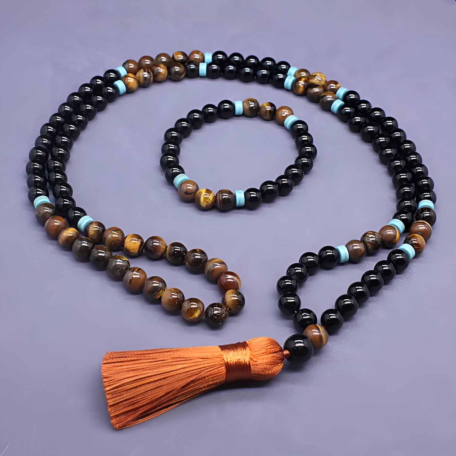 Black agate jewellery set with tiger shape stone necklace and geometric bead bracelet