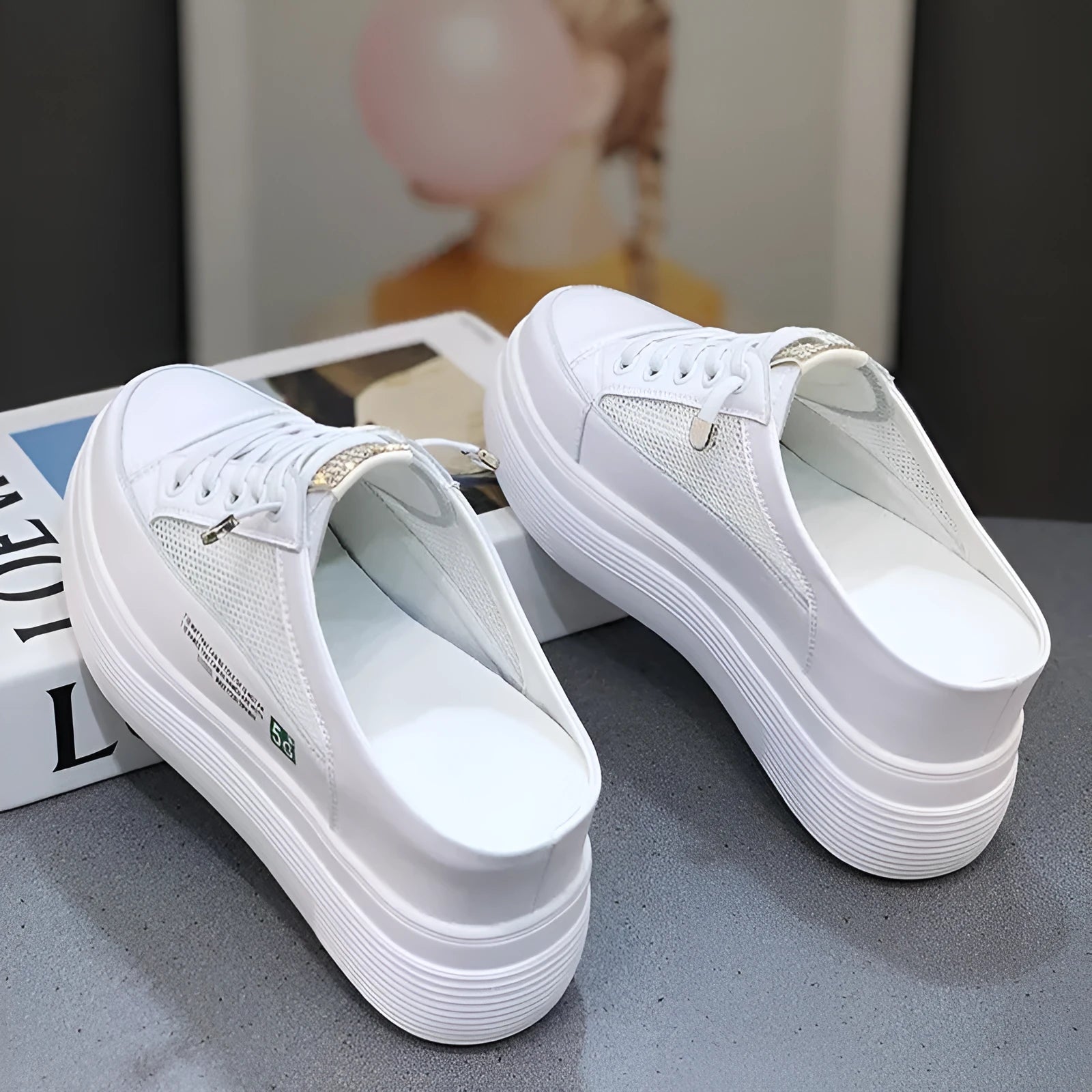 White women's platform shoes with mesh surface design and round toe
