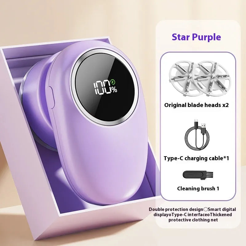 Purple and beige digital display fur ball trimmer with multiple cutter head options