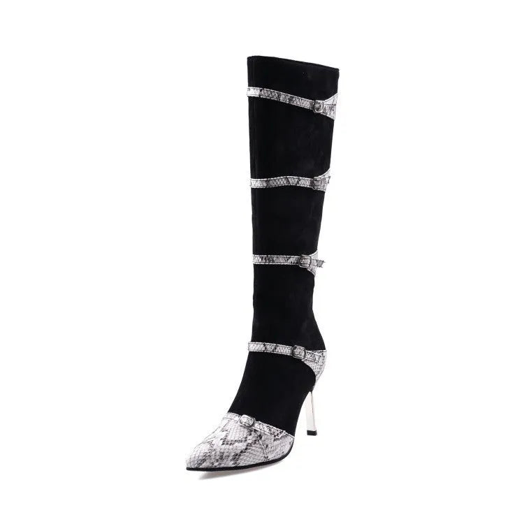 Women's grey knee high boots with thin stiletto heel and velvet lining