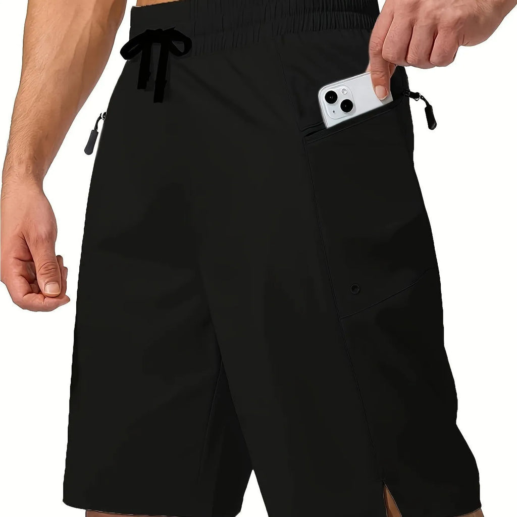 Men's quick-dry polyester beach shorts shown in multiple colour options with straight leg cut.