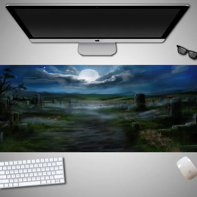 Large Halloween-themed rubber cloth mouse pad on a desk, showing non-slip backing and graphic design.