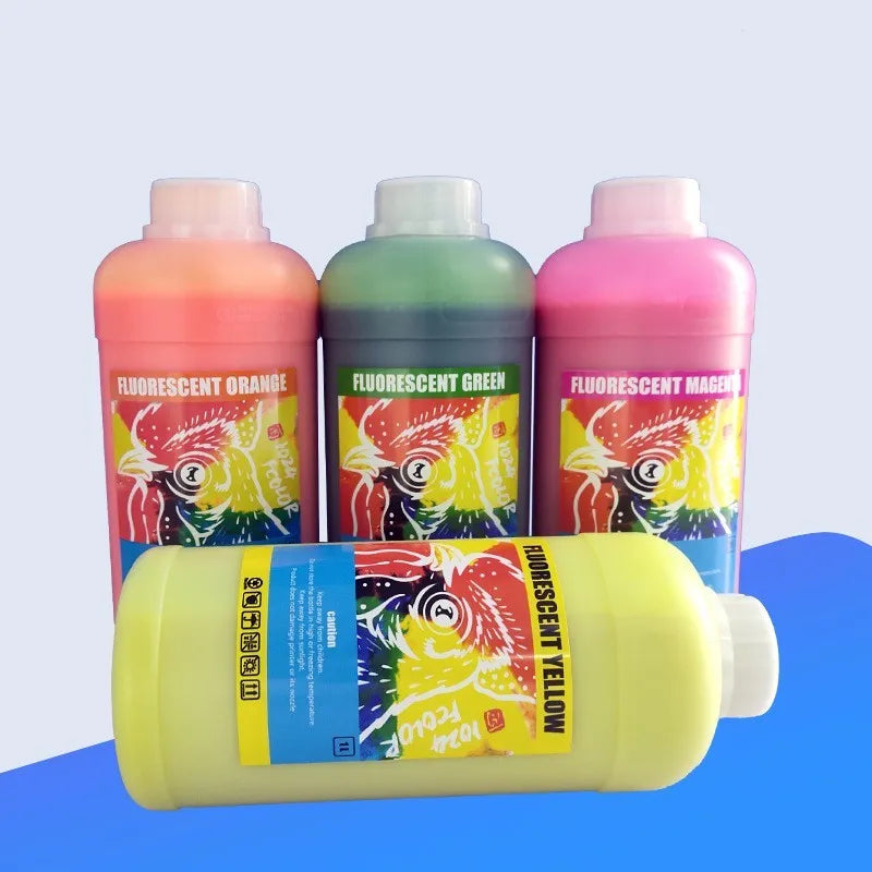 Fluorescent sublimation ink bottles in red, yellow, orange and green colours for heat transfer printing