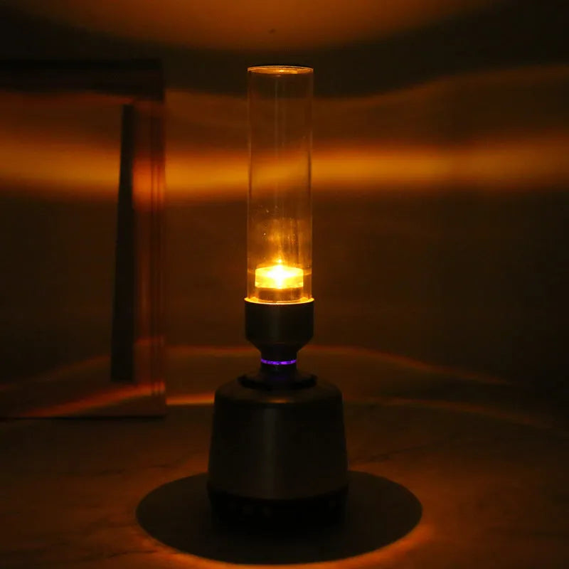 White silver Bluetooth speaker night light standing upright, showing push buttons and slim 277mm tall design.