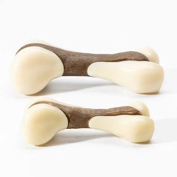 Dog chew toy grinding rod in foodie bones pattern with cowhide and nylon construction