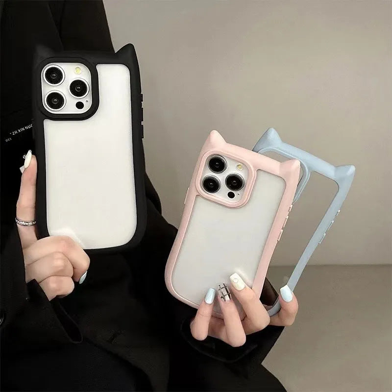 Black PC cat ears phone case for IPhone showing raised ear design and camera cutout