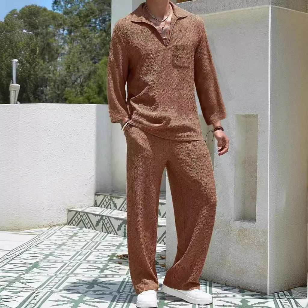 Men's casual shirt and trousers commuter suit set in lake blue, displayed on a hanger.