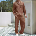 Men's casual shirt and trousers commuter suit set in lake blue, displayed on a hanger.