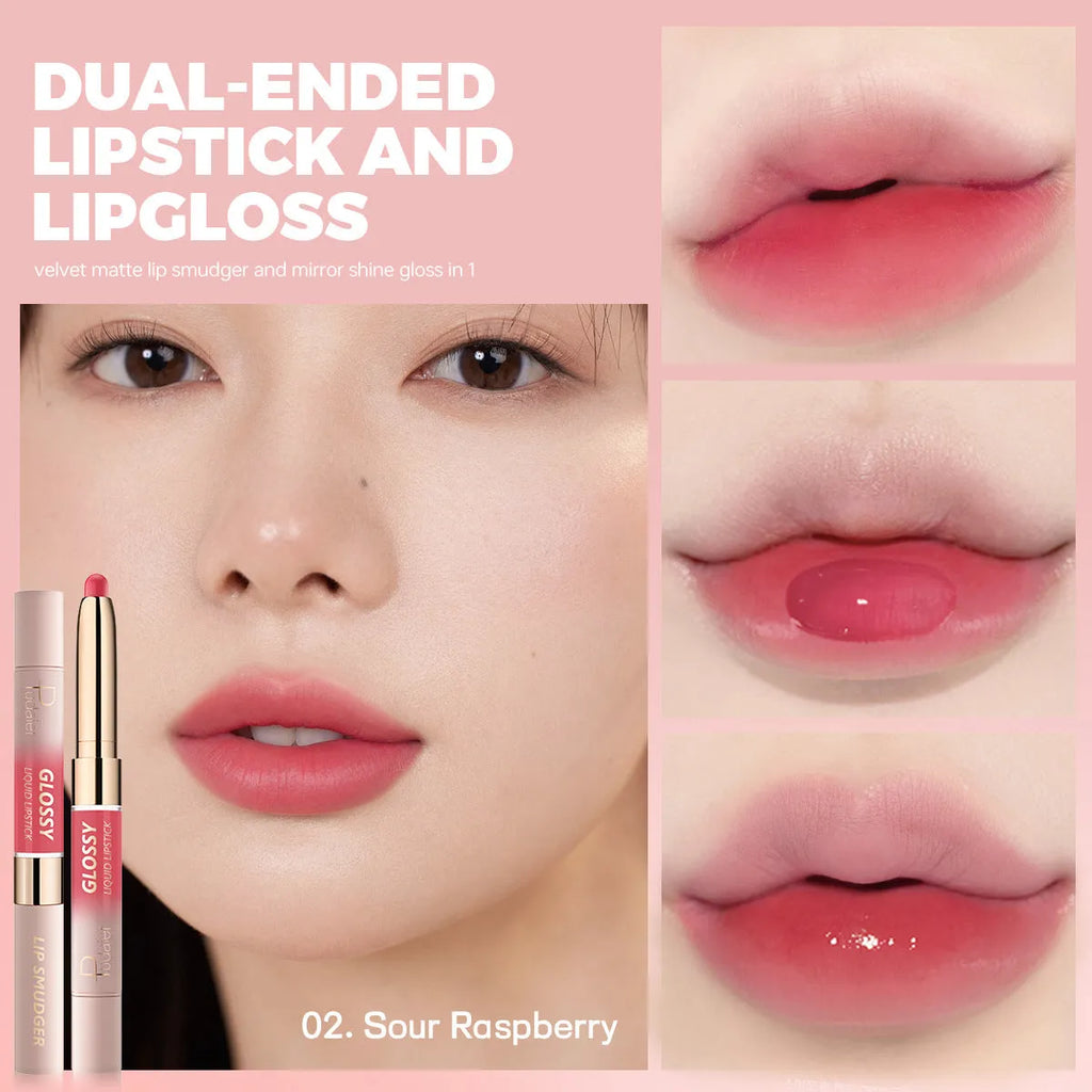 Double-headed lipstick in 10 colours with matte finish and moisturising formula