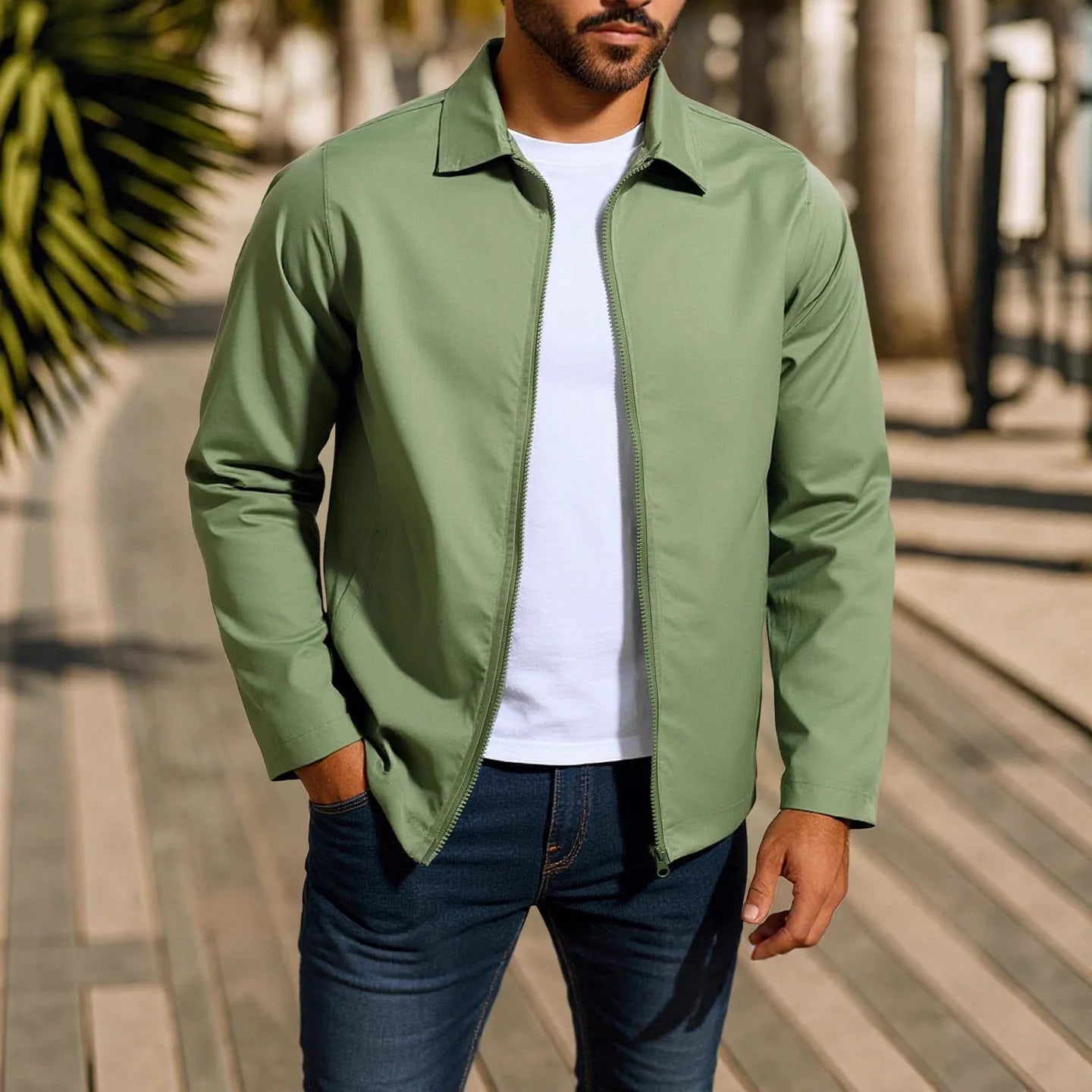 Men's zip-front cardigan jacket with raglan sleeves in emerald green.