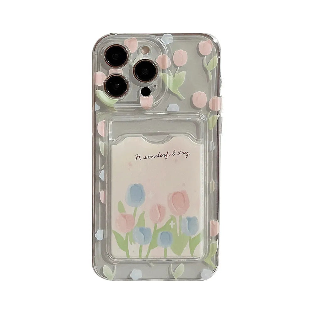 Transparent TPU phone case with tulip flower design and card holder slot for Apple iPhone