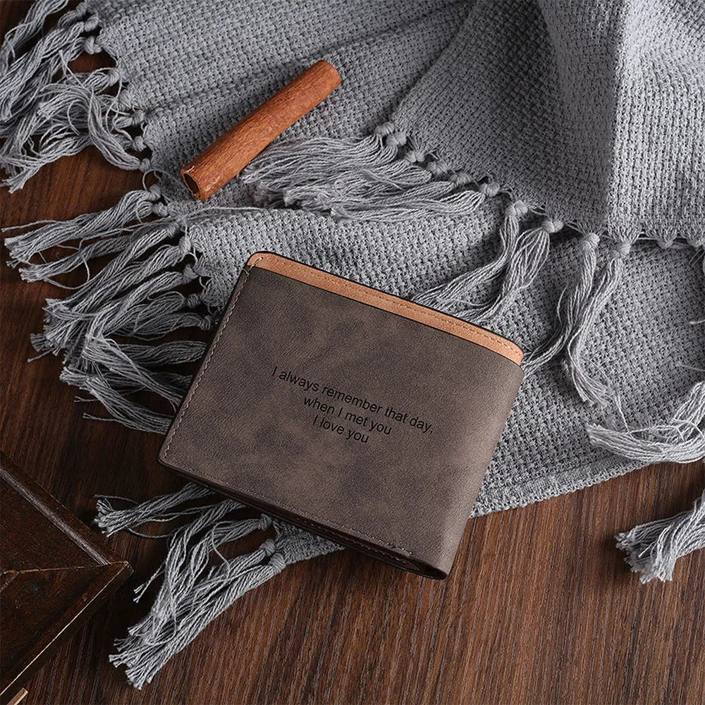Coffee brown engraved horizontal PU wallet with custom photo personalisation.
