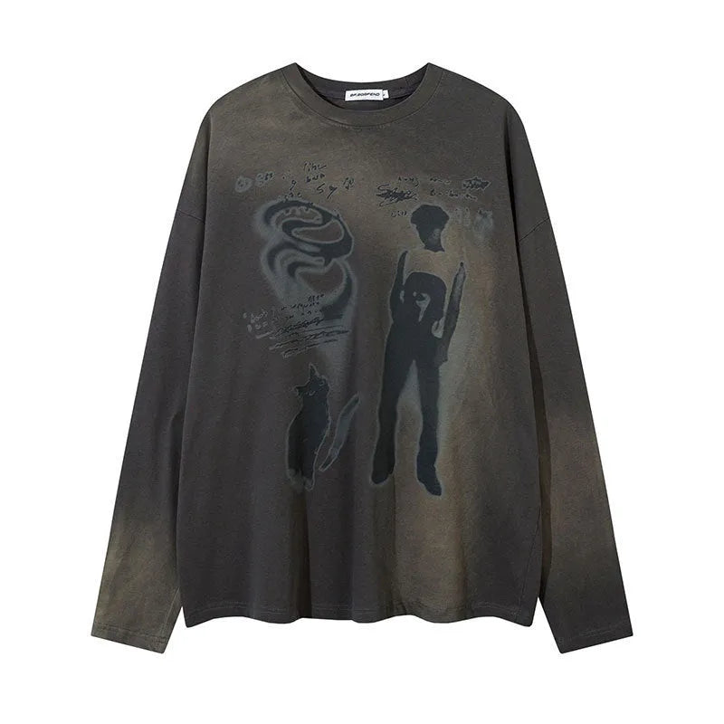 Women's dark grey loose-fit cotton pullover top with drop-shoulder long sleeves