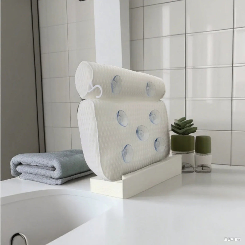 White bathtub pillow with suction cups on a 4D mesh surface.