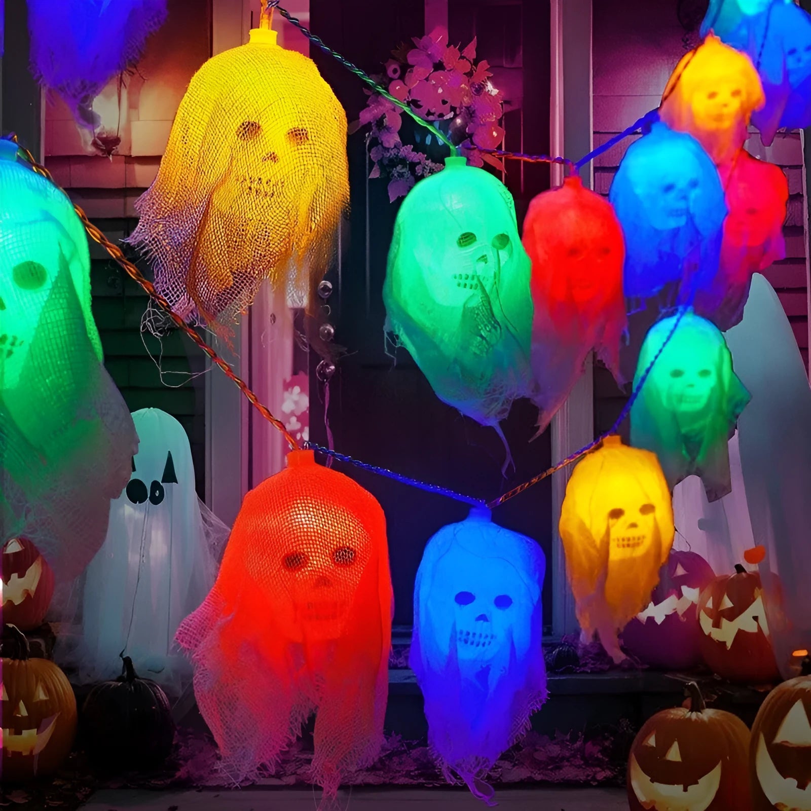 Halloween battery-operated LED string lights showing coloured and warm white options for indoor wall decoration