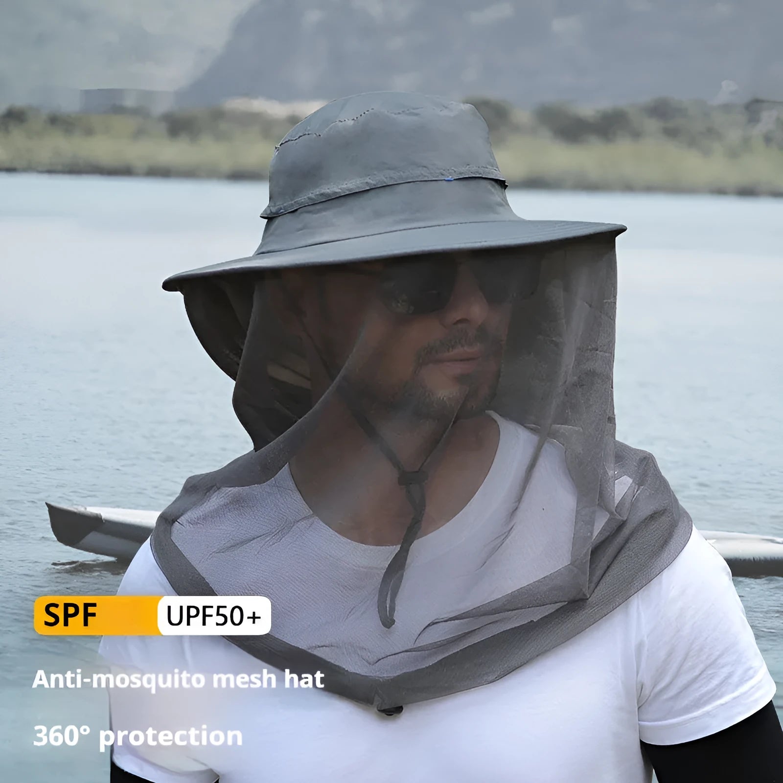Outdoor sun hat with large brim and breathable mesh panels in army green colour