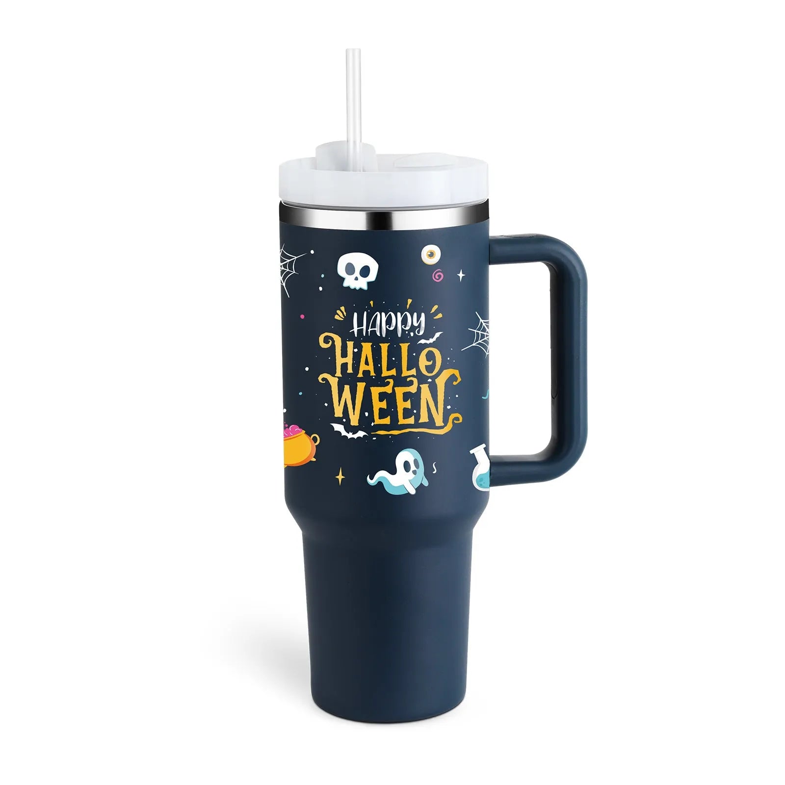 40 oz stainless steel insulated tumbler with a black handle, straw, and grey lid on a wooden table