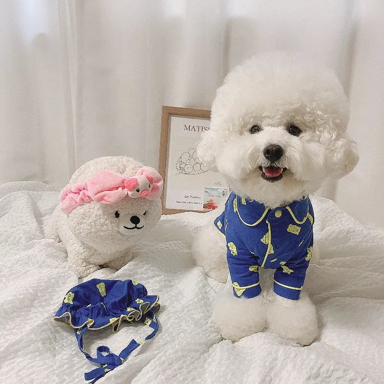 Pure cotton Candy Bear hat pajama set for dogs in vest style, available in sizes S to 2XL
