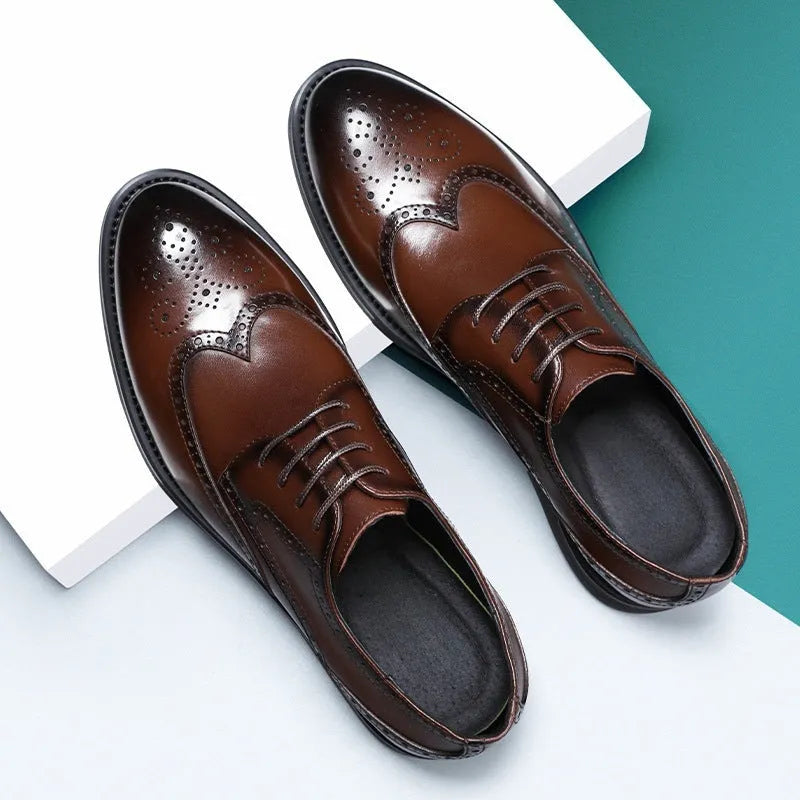 Men's black and brown PU leather brogue shoes for business formal attire.