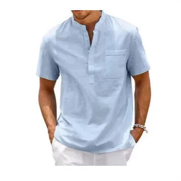 Men's solid colour stand collar polo shirt with short sleeves in lightweight bird eye cloth