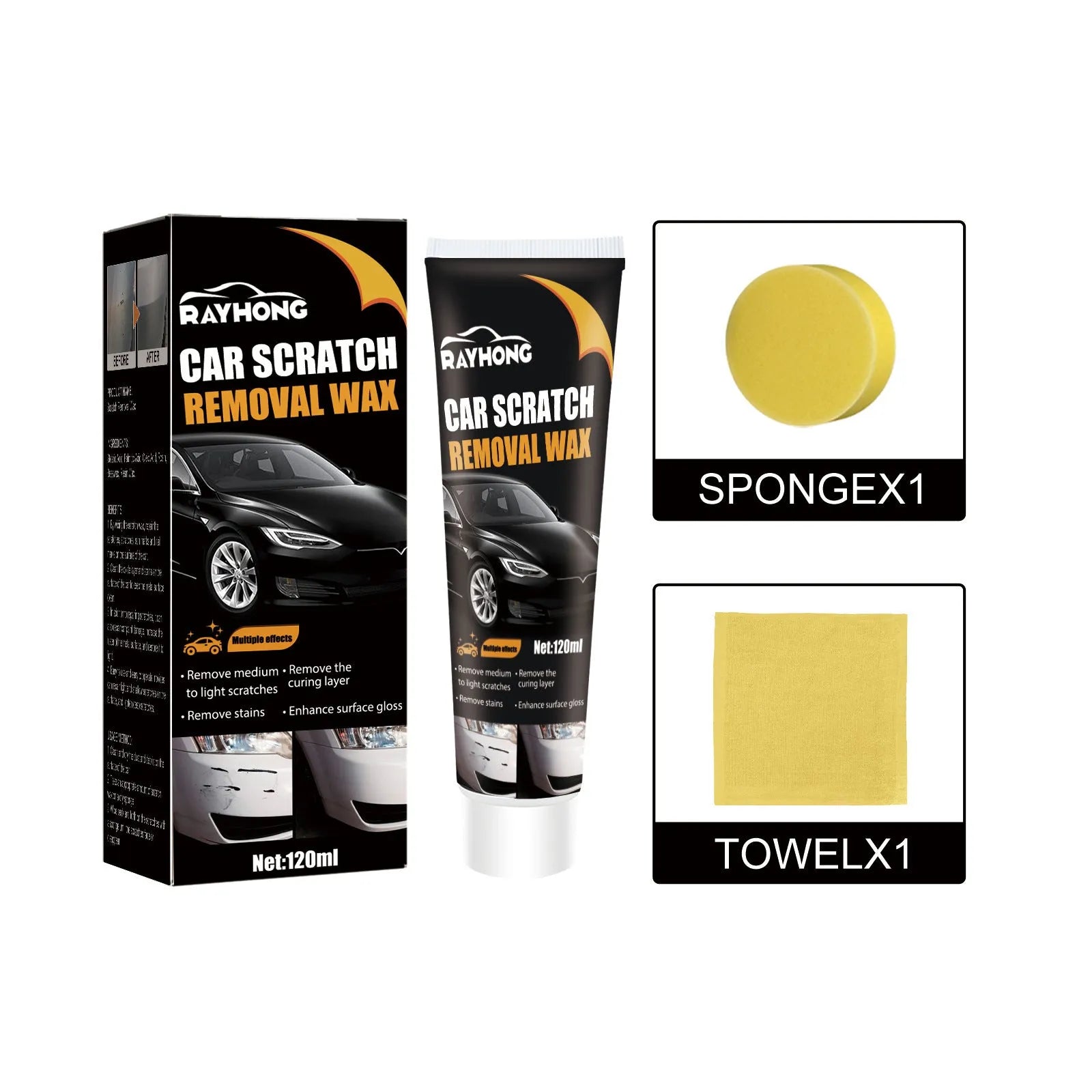 120ml car scratch wax tub with sponge and towel for paint polishing.