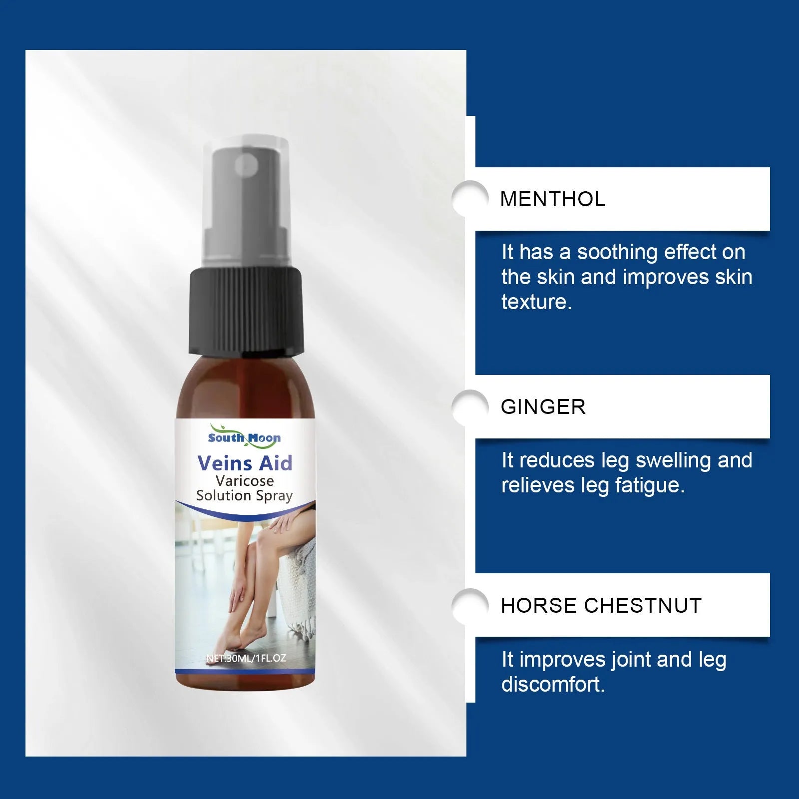 30ml Leg Care Spray bottle with menthol, ginger and horse chestnut for daily leg massage