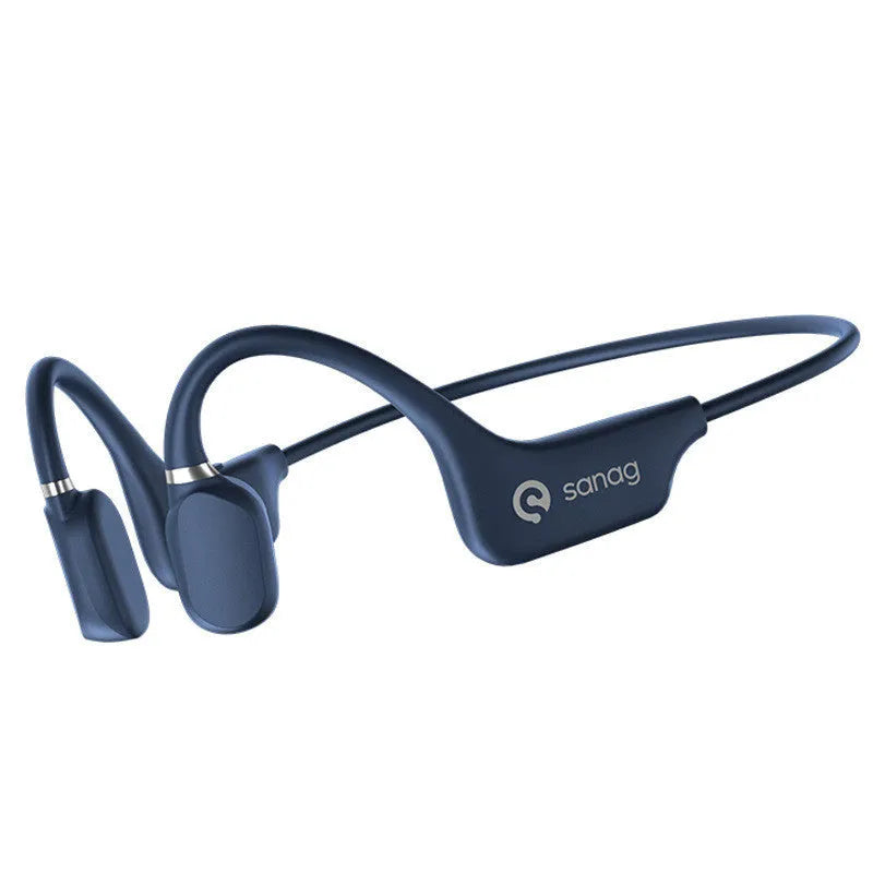 Bone conduction Bluetooth headset worn around the neck in retro green colour for sports running.