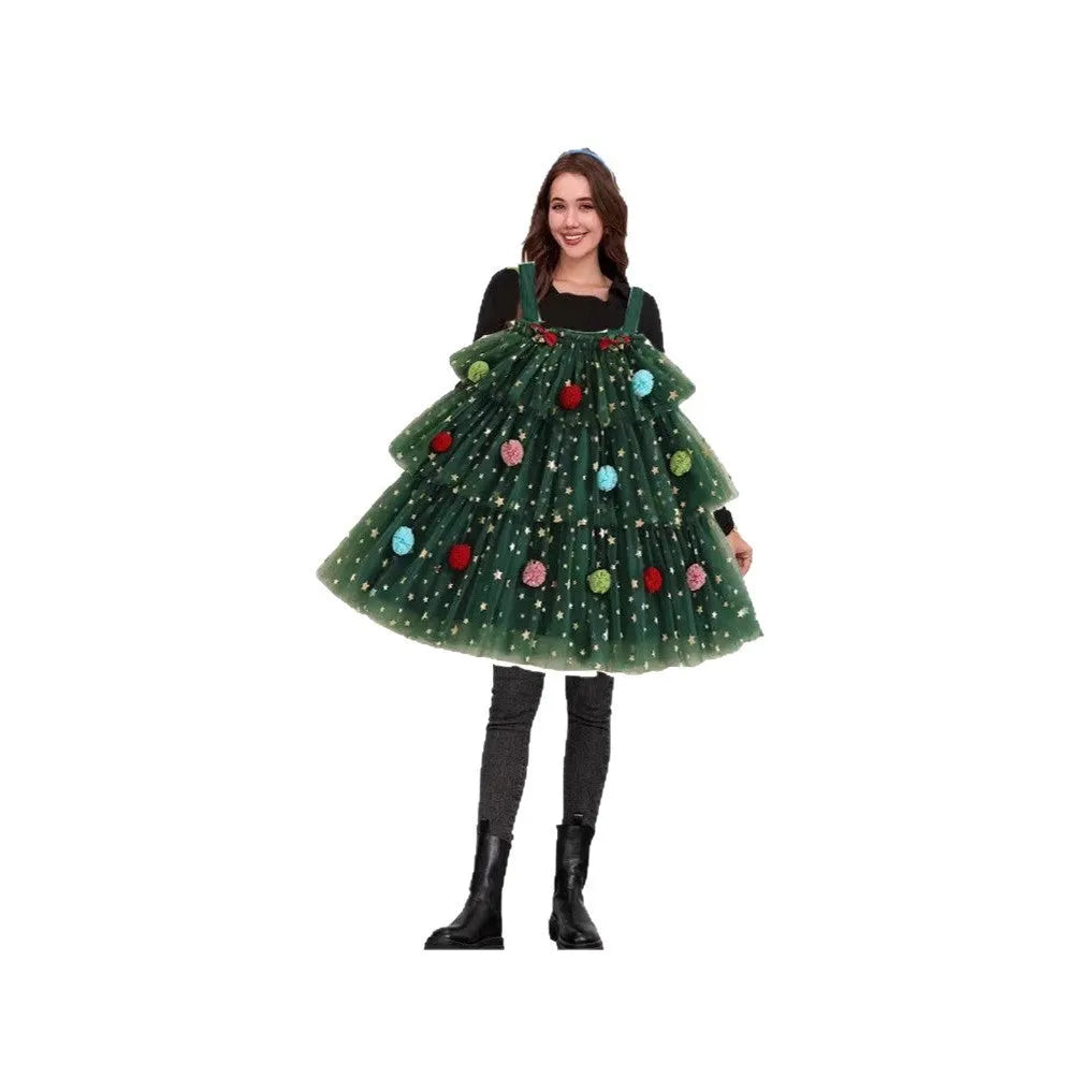 Green mesh polka dot decorative tiered dress with colourful balls and suspender straps.