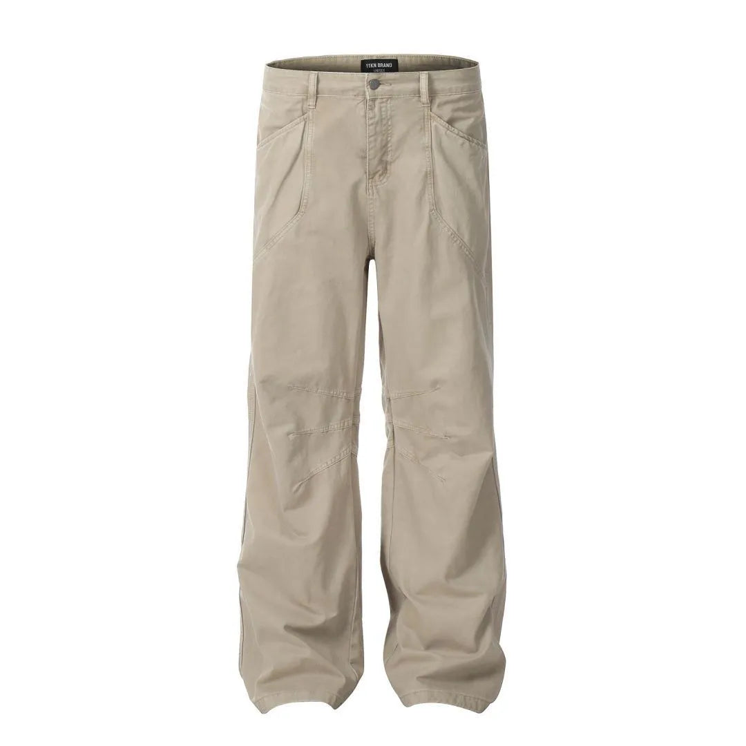 Men's brown loose-fit straight leg trousers with a high waist and wide-leg style on a hanger.