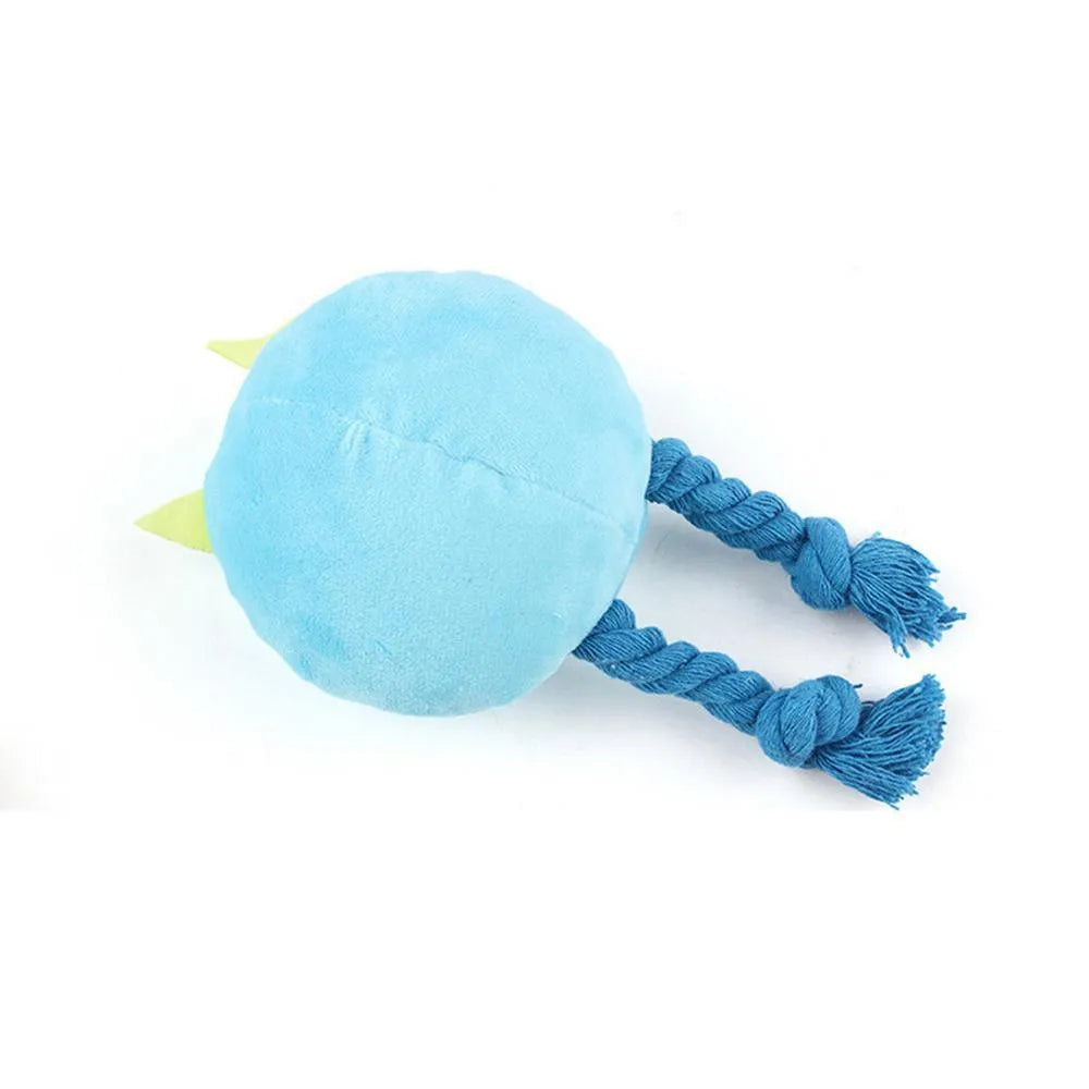 Blue and yellow cartoon dog squeaky toy with knot design made from cotton rope