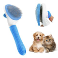 Blue cat brush with a release button and fine wire bristles for removing pet hair.
