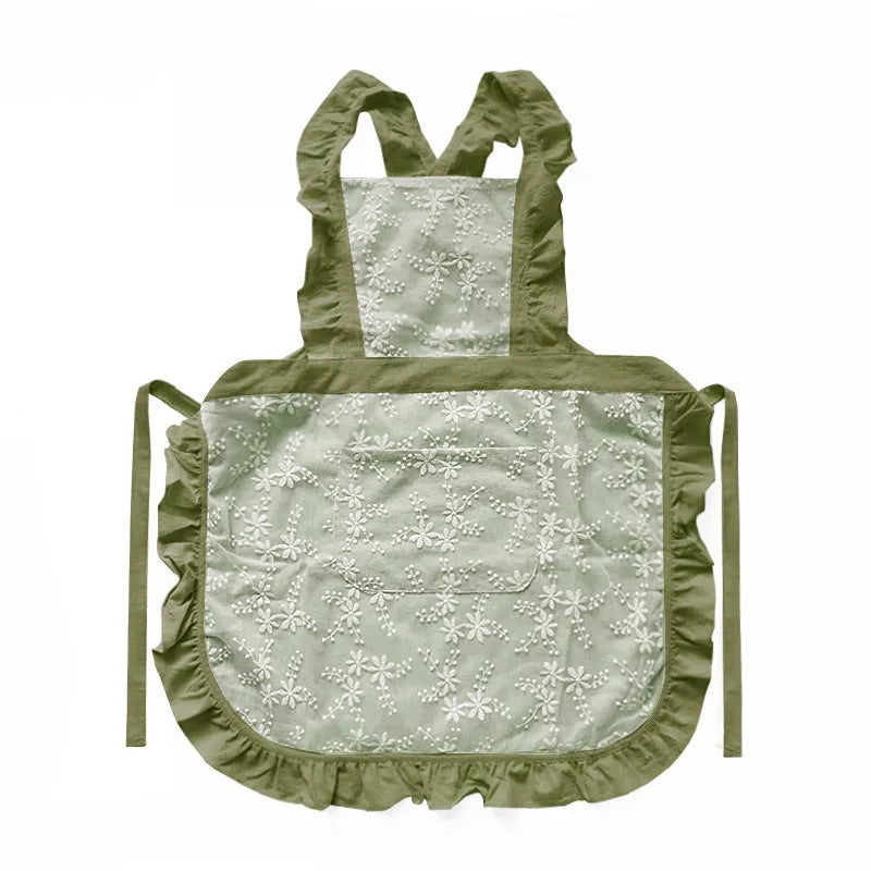 Minimalist cotton linen X-strap kitchen apron in solid colour with lace detailing