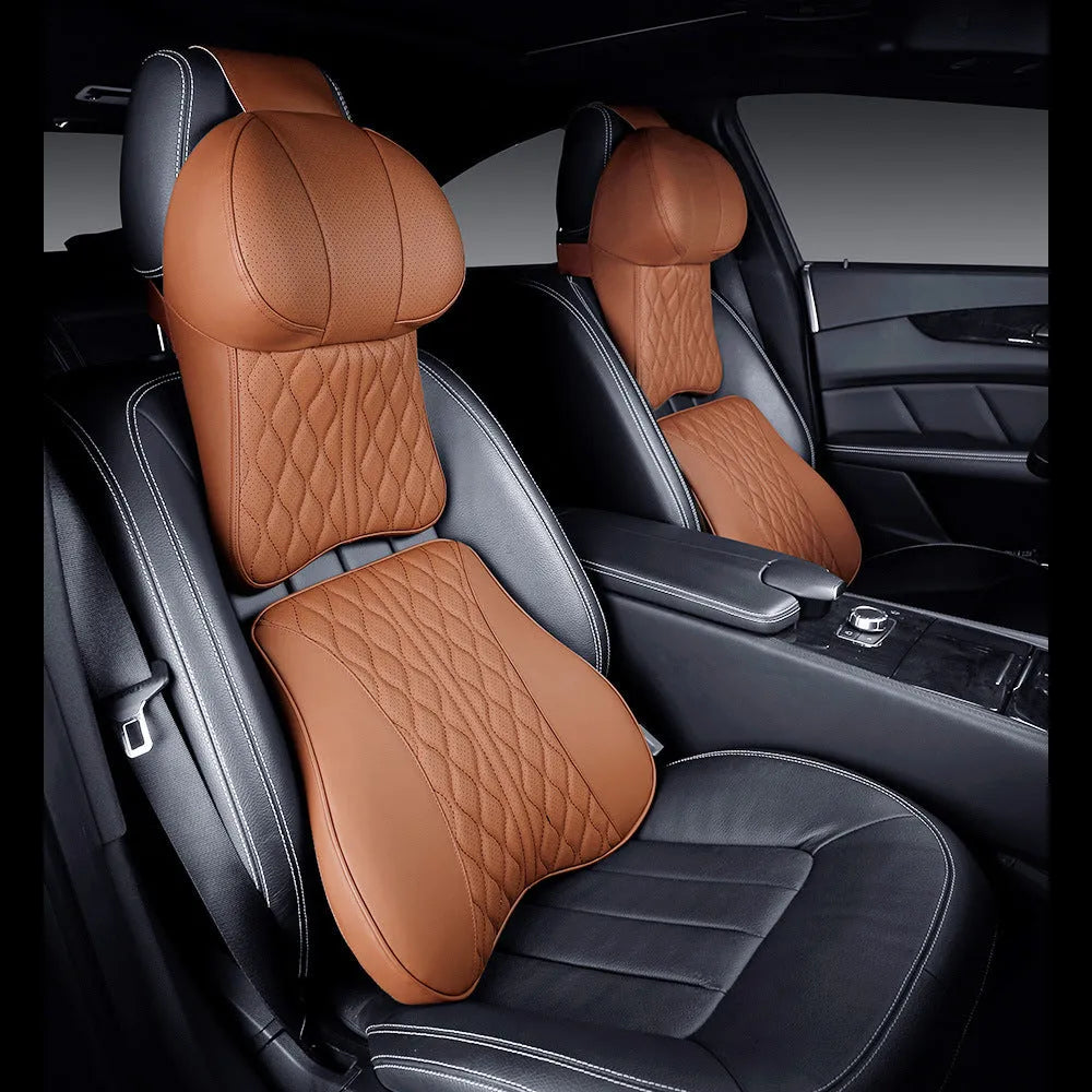 Car neck pillow and lumbar support set with wavy pattern embroidery on leather-look finish