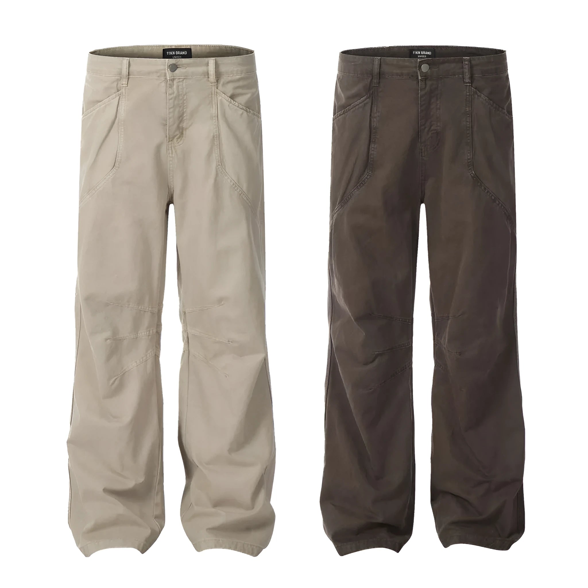 Men's brown loose-fit straight leg trousers with a high waist and wide-leg style on a hanger.