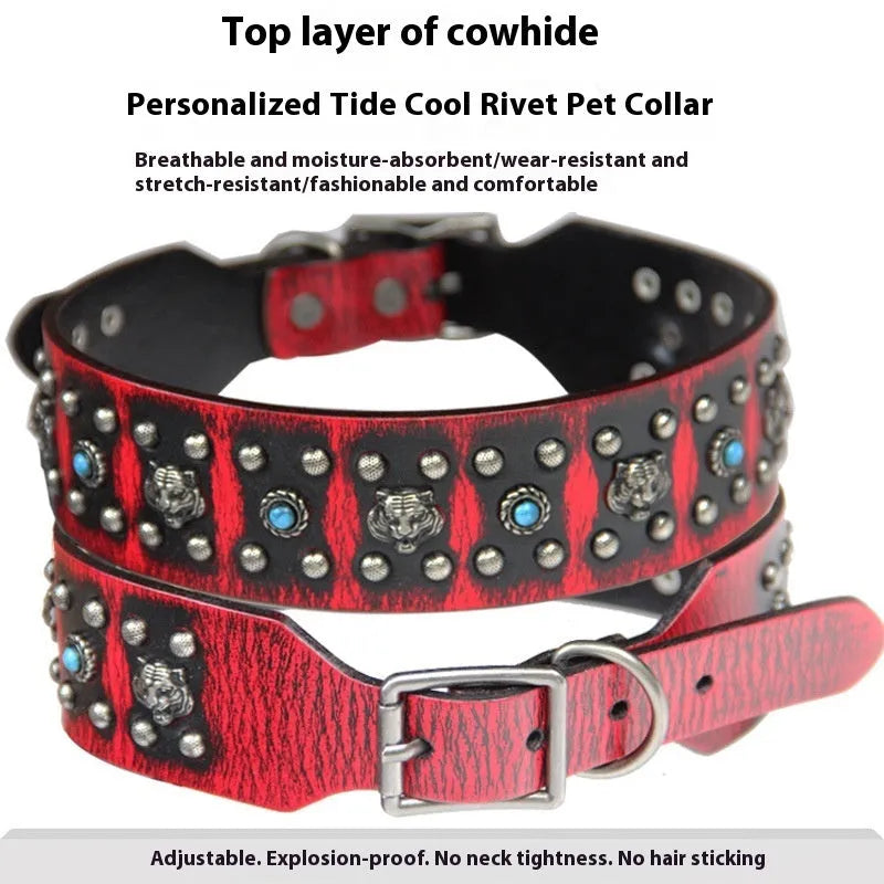 Leather dog collar with large metal rivets in a choice of five colours, laid flat.