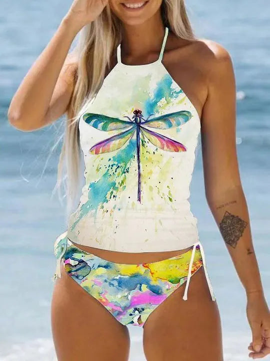 Conservative printed bikini swimsuit for women with colourful pattern and split design