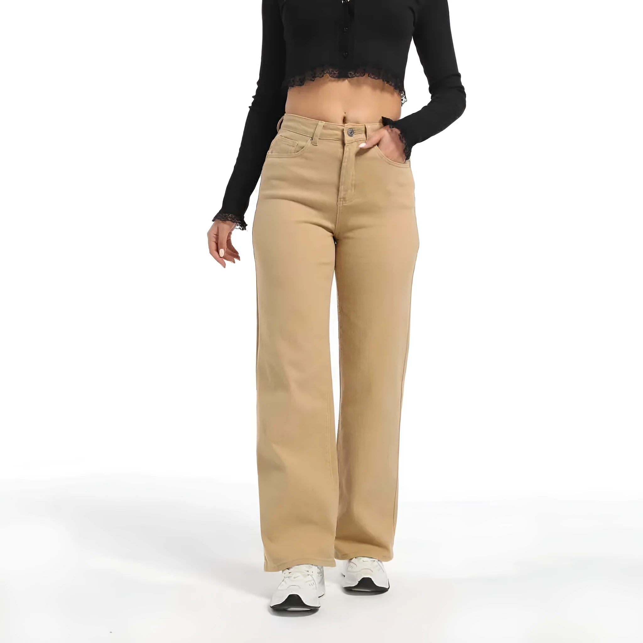 Women's high-waist straight leg jeans in apricot colour with a wide leg cut.