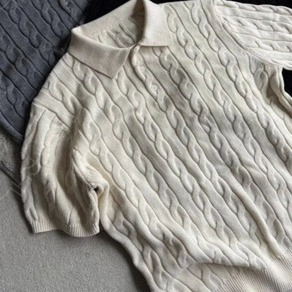 Men's twisted knit cotton short sleeve T-shirt in grey, shown on a hanger.