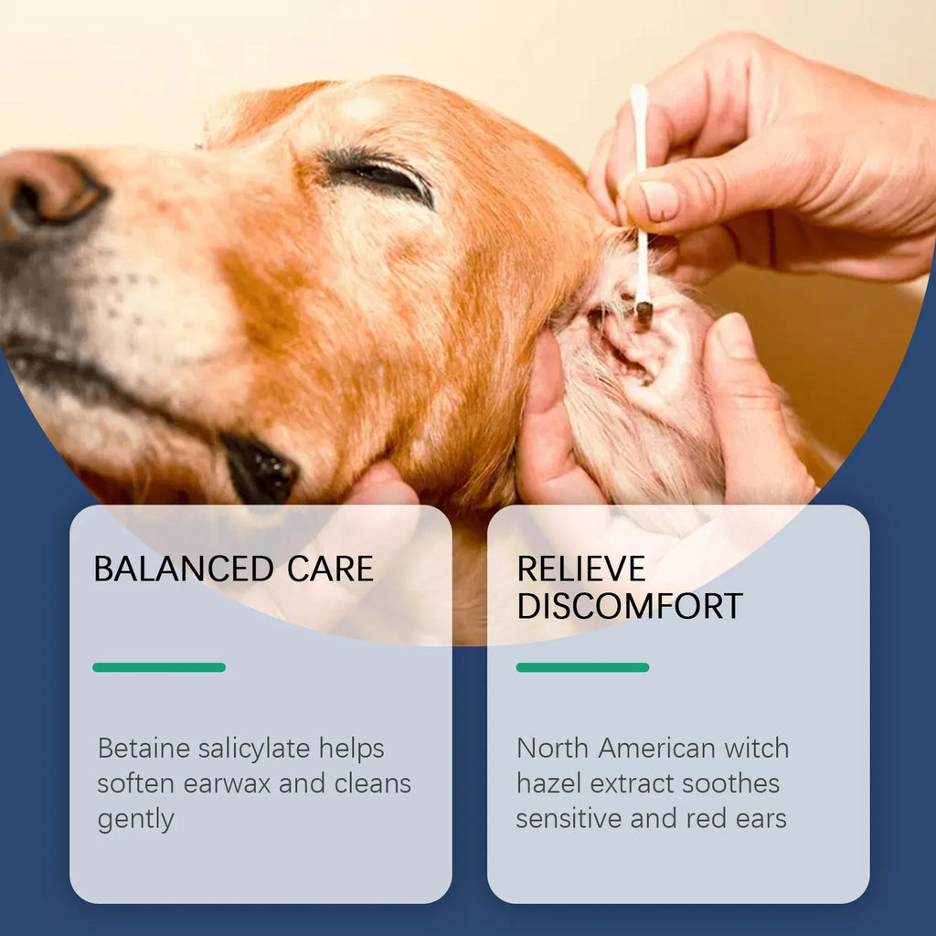 100ml bottle of gentle ear cleaner for dogs and cats with applicator tip for earwax removal.