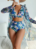 Women's printed multicolor bikini three-piece swimsuit set with sunscreen shirt