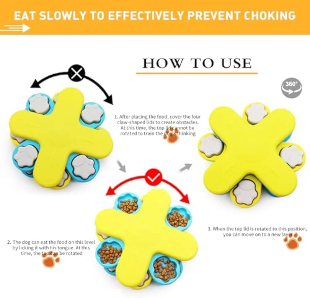 Yellow interactive dog puzzle feeder bowl with rotating lids on a non-slip base.