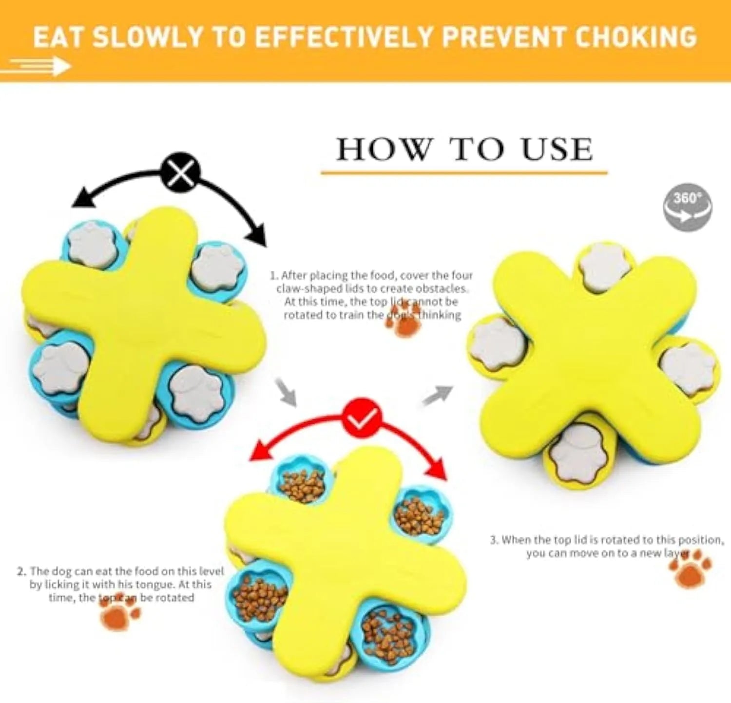 Yellow interactive dog puzzle feeder bowl with rotating lids on a non-slip base.