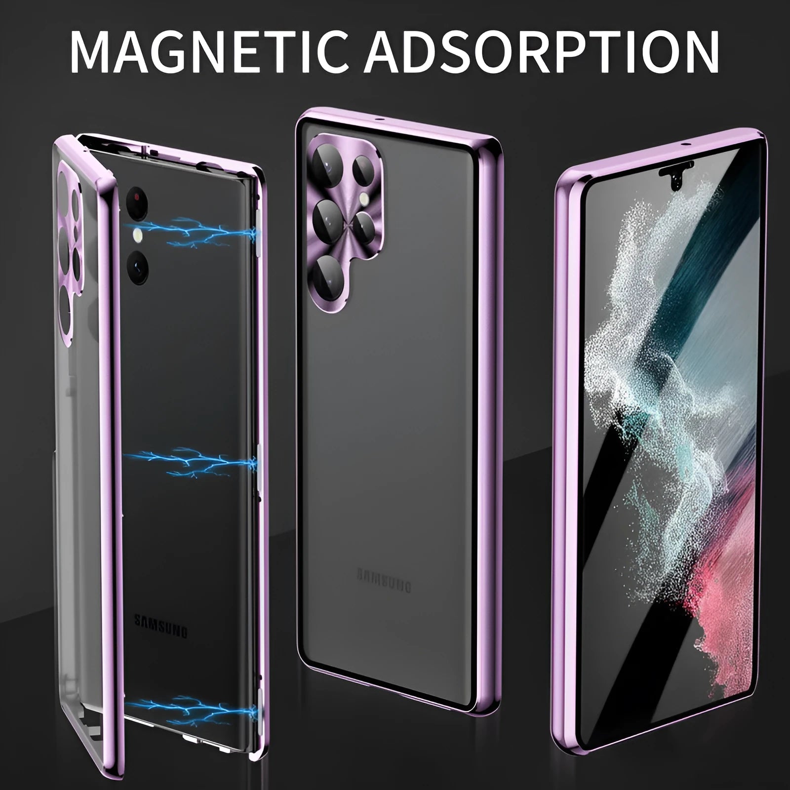 Black magnetic mirror phone case with peep-proof screen for Samsung S24 Ultra.