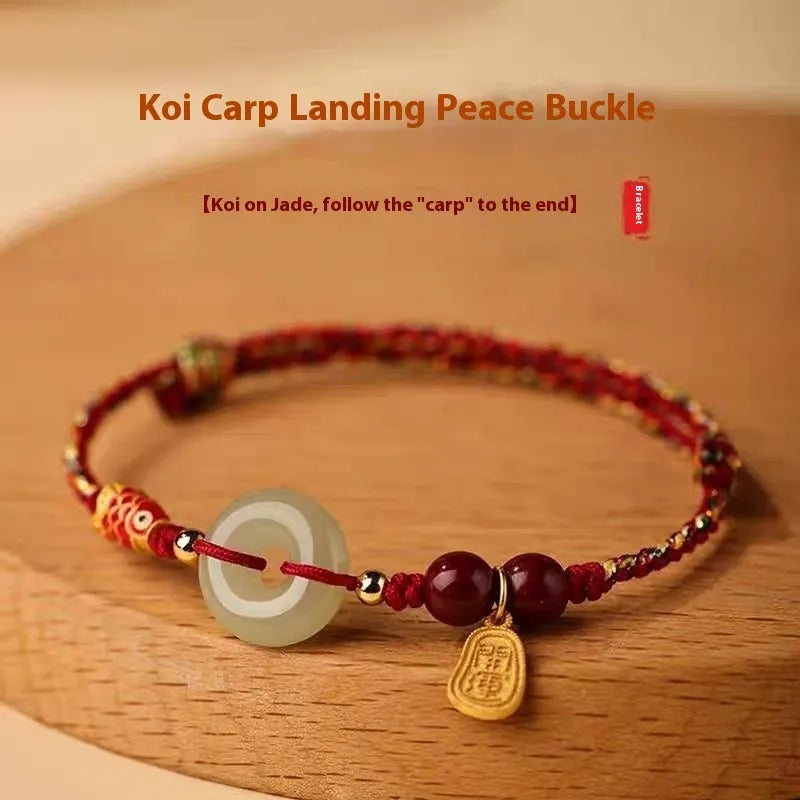 Hetian jade peace buckle bracelet with 10mm stone on a braided rope