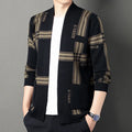 Men's long-sleeve knitted cardigan coat in camel colour, slim fit, side view on mannequin