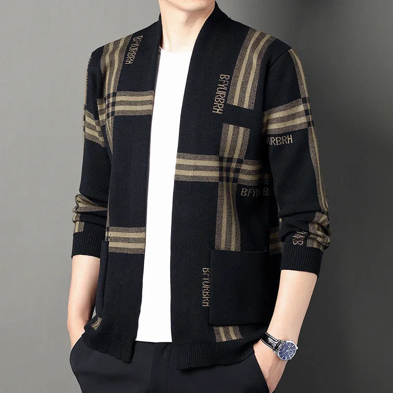 Men's long-sleeve knitted cardigan coat in camel colour, slim fit, side view on mannequin