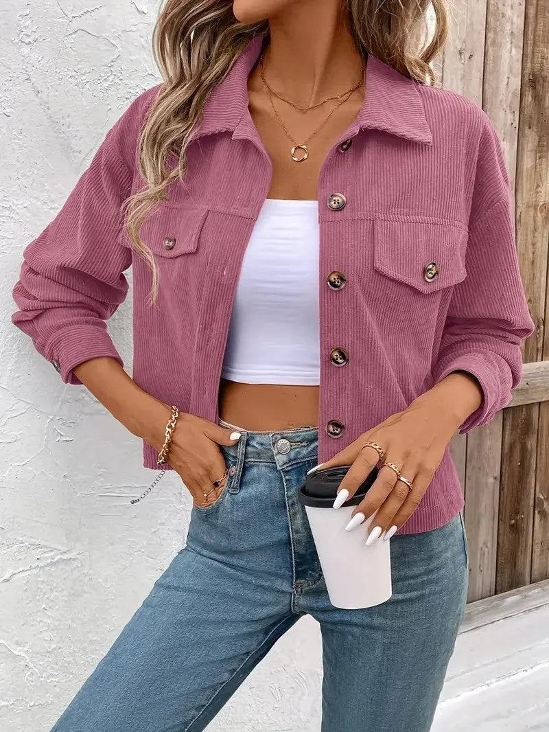 Women's retro artistic polyester shirt coat jacket in loose fit with button front